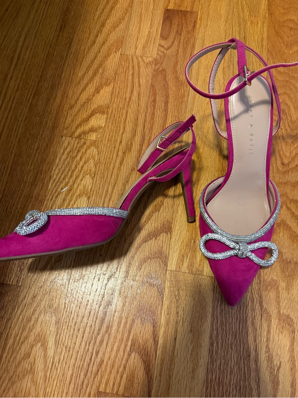 Fuchsia Pointed Toe Ankle-Strap Heels with Rhinestone Bow - Picture 2 of 4